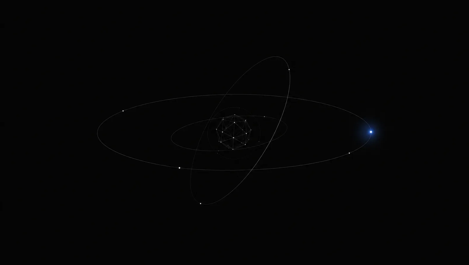 An orbital system of components circling a stable wireframe core, with one active system glowing