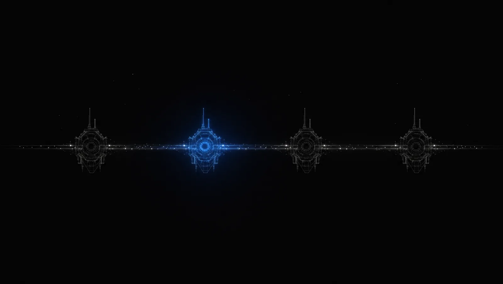 A workflow pipeline of connected stations with one AI system lit up and processing